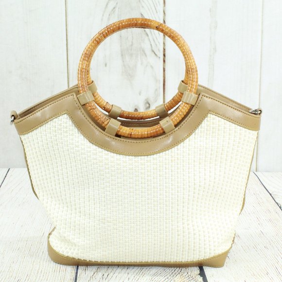 Fossil Handbags - Fossil White Basket Weave Wood Round Handle Leather Trim Satchel Tote Bag Purse